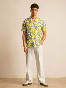 SWAVVY Vacation Style Digital Print Lapel Short Sleeve Button-Up Shirt For Men - Yellow - View 4