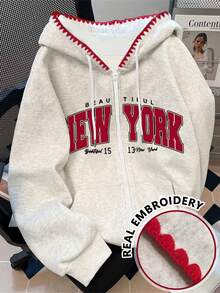 Resyla 大码Y2K风格卫衣外套，复古美式纽约风大码卫衣，时尚独特的秋冬大码女式卫衣外套 - 灰色 - 查看 1