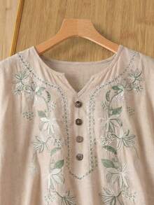 Rusticease Women's Summer Vacation Casual Embroidered Shirt - Khaki - View 2