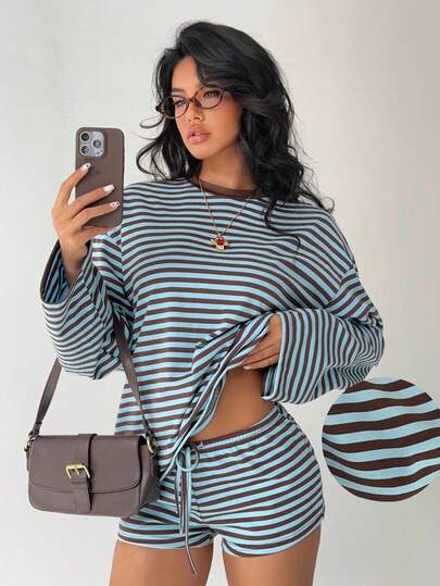 Aloruh Women Striped Long Sleeve Top And Shorts 2 Pieces Set Fall Clothes Fall Clothes For Women All Outfits Women  Fall Outfits For Women Fall Outfits Autumn Clothes Women's Fall Clothes Striped Set Casual Striped Set Striped Shorts Set
