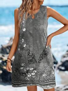Sylviya Đầm chữ A không tay cổ tròn đính vòng kim loại, họa tiết hoa, kiểu dáng thường ngày, thanh lịch, thích hợp cho kỳ nghỉ, đường phố, váy ngắn cho nữ, đầm đi nghỉ mát, đầm thường ngày, đầm dự tiệc, đầm hè, đầm mùa hè thường ngày. - Xám - Xem 5