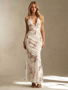 Glamine Women's Floral Sequin Deep V-Neck Backless Dress - Champagne - View 2