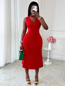 Xyvia 女士红色纯色高领镂空V领无袖修身鱼尾连衣裙，优雅性感，适合生日、约会、派对、情人节、劳动节、复活节、正式场合、婚礼、花园写真、街头风等各种场合，春夏新款时尚必备单品。 - 紅色 - 查看 6