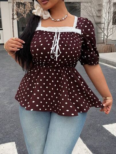 Easura Plus Size Women's Hot Selling New Polka Dot Print Short Puff Sleeve A-Line Lace Ruffle Tie Bow Fashionable Elegant Romantic Elegant Date Vacation Beach Bohemian Afternoon Tea Travel Casual Summer Top, Spring