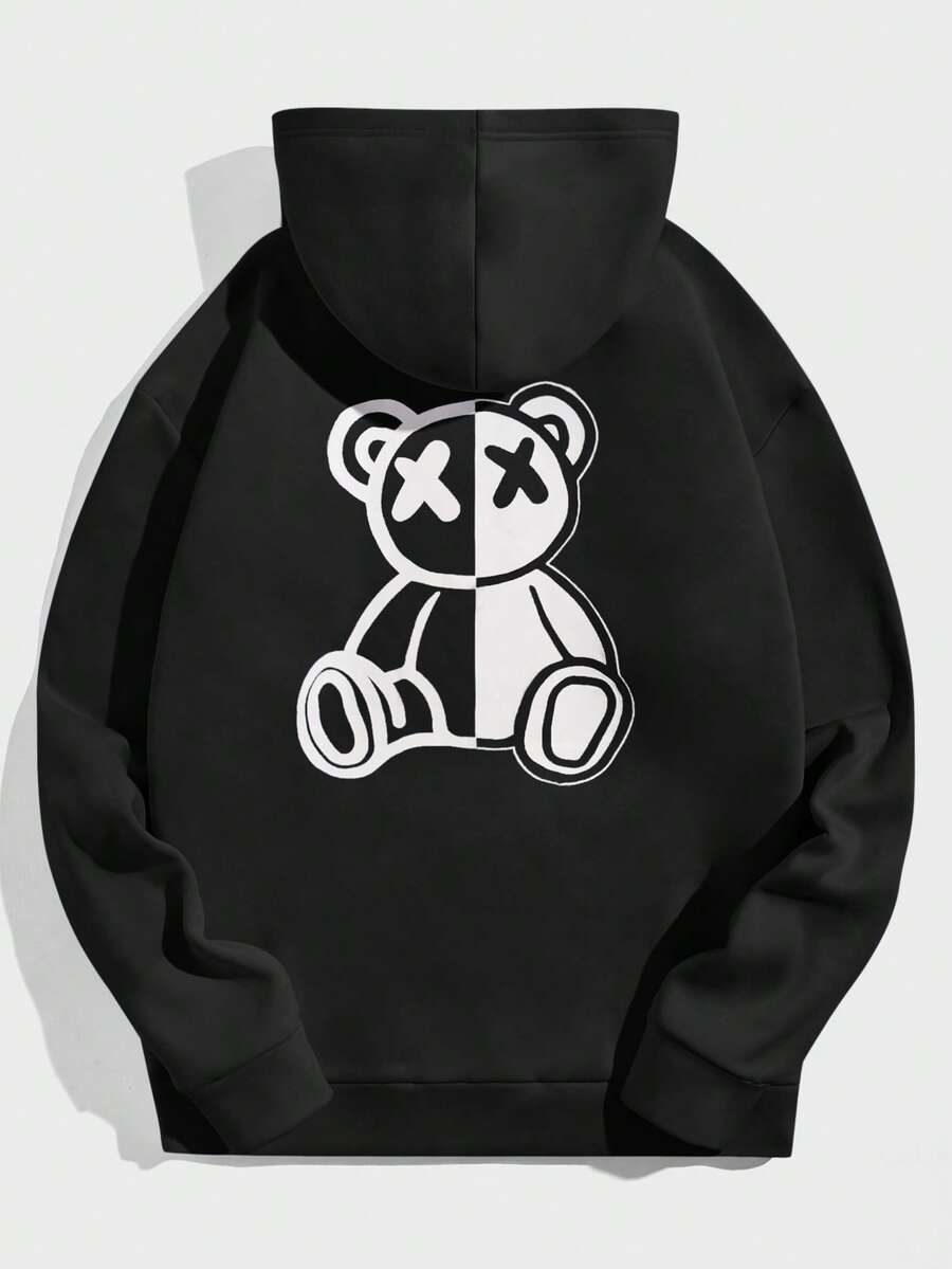 NORVETH Men's Casual Bear Print Hoodie Sweatshirt - Black - View 1