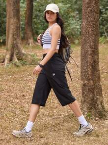 SHEIN In My Nature Women's Elastic Waist Drawstring Outdoor Running Capri Pants - Black - View 6