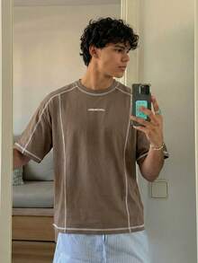 Manfinity Unisex 男士针织休闲日常宽松短袖T恤 - 棕色 - 查看 4