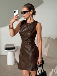 Lavishia 无袖收腰A字型时尚PU连衣裙 - 摩卡棕 - 查看 4