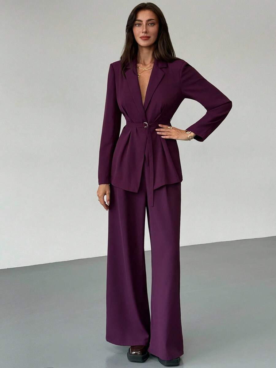 Aloruh Purple Elegant Business Suit Jacket And Pants Set Fall Clothes Fall Clothes For Women All Outfits Women  Fall Outfits For Women Fall Outfits Autumn Clothes Women's Fall Clothes Teacher Outfits For Women  Teacher  Teacher Outfits  Teacher Clothes Business Casual Woman  Business Casual Outfits Women Business Casual  Business Casual Women  Commuting Office Temperament Slim Suit Dark Purple Waist Belt Adjustable Burgundy Burgundy  Wine Red Suit Dark Purple Suit