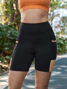 SHEIN In My Nature 女士撞色拼接高腰无缝户外短裤 - 黑色 - 查看 4