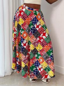 Xyvia Women's Red And Yellow Plaid Digital Print Flared Skirt,Summer Boho Beach Holiday Casual Loose Relaxed Travel Street Style Chic Carnival Labor Day - Multicolor - View 7