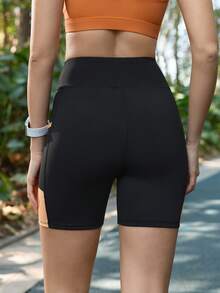 SHEIN In My Nature 女士撞色拼接高腰无缝户外短裤 - 黑色 - 查看 7