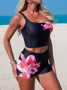 Swim Lushoire Women's Summer Beach Vacation Floral Print Tankini Swimsuit Set - Multicolor - View 5