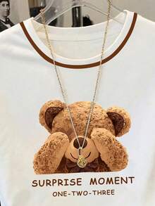 Resyla 可爱小熊印花条纹袖撞色圆领T恤，Y2K美学泰迪熊图案撞色滚边T恤，学院风“惊喜时刻”小熊印花休闲T恤，撞色领条纹袖小熊图案上衣，复古泰迪熊印花条纹袖夏季T恤 - 彩色 - 查看 3