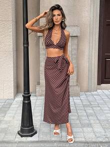 Pariaura 棕色底白色波点露背深V上衣/高腰长裙复古性感套装 - 棕色 - 查看 5