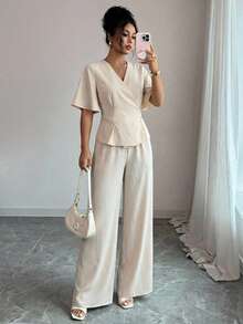 Firerie Women's New Niche Design Elegant Business Casual Commute Versatile Surplice V-Neck Flutter Sleeve Belted Top And Elastic Waist Wide Leg Pants Set - Apricot - View 5