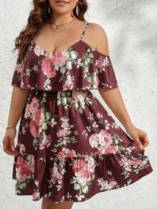 SHEIN VCAY Đầm dự tiệc/hẹn hò thời trang trễ vai xếp nếp in hoa dành cho nữ cỡ lớn - Màu Đỏ Sâu - Xem 4