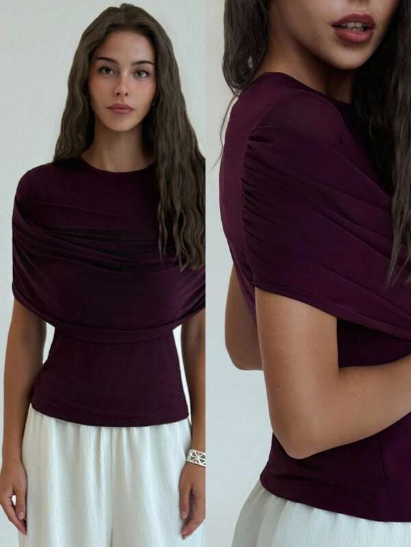 Aloruh Women's Elegant Solid Color Ruched Fitted Top, Summer Wedding Anniversary Bridesmaid Party Date Sexy Cute Summer Tops Fall Autumn's Teacher Flowy Tops Dark Purple Mesh Front Gathered Top, Roman Drape, Elegant Date, Romantic Church Elegant