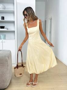Easowa Đầm hè thường ngày màu trơn không tay, đầm hè, đầm đi nghỉ mát, đầm màu vàng cho nữ, đầm maxi không tay cổ vuông thanh lịch với chân váy phồng cho nữ, trang phục đi chơi cho nữ, đầm hè cho nữ, đầm Windsor, đầm nữ, đầm chống nắng cổ điển thanh lịch cho nữ, trang phục đi nghỉ mát sang trọng cho nữ. - Butter Yellow - Xem 4