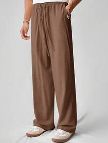 SWAVVY Men's Woven Casual Daily Solid Color Linen-Like Straight Leg Pants - Brown - View 6
