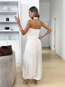Easowa Women's All White Summer Chic Brunch Linen Two Pieces Set,Elegant Solid Color Halter Top And Baggy Wide Leg Pants,Casual Commuter Pant Suit Jumpsuit - Apricot - View 2