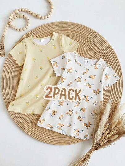 2 Pack Baby Girls Clothes Cute Outfit Sets Y2K Style Floral Lemon Pattern Short Sleeve A-Line Shape Soft Breathable Summer Dresses Vacation Beach Dress Vestidos Casual Clothes Birthday Dress For Spring Summer