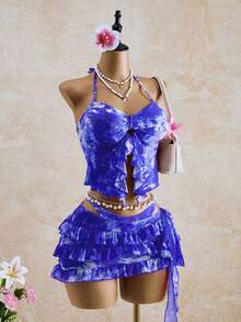 Bellisia 女士扎染拼接荷叶边吊带背心式泳衣套装，时尚海滩度假之选 - 紫色 - 查看 5