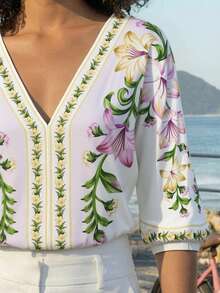 CAJUNI 女士印花V领无袖露背系带连体衣，时尚度假之选 - 米色 - 查看 4