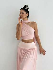 Firerie 女士优雅春夏浪漫海滩度假婚礼宾客伴娘约会派对生日舞会飘逸不对称上衣和高腰薄纱裙两件套，粉色 - 粉色 - 查看 11