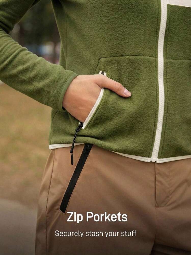 SHEIN In My Nature Women's Outdoor Contrast Color Zipper Collar Jacket - Army Green - View 6