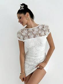 Firerie 女士优雅蕾丝透视修身迷你连衣裙，适合通勤、日常、假日、派对、生日、音乐节、度假、春夏等多种场合。 - 白色 - 查看 5