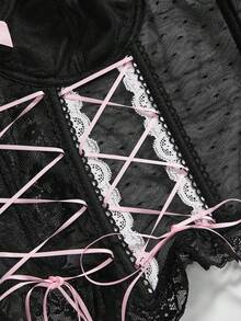 ROMWE Kawaii 大码女士时尚性感蕾丝抽绳设计钢圈吊带背心 - 黑色 - 查看 4