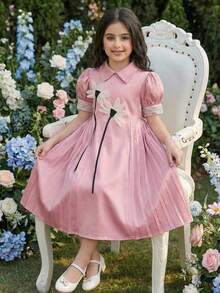 SHEIN Tween Girl Elegant Short Sleeve A-Line Dress Girl Pink Dress Elegant Pink Dress Pink 3D Flower Deco Dress Modest Girl Dress Girl Puff Sleeve Dress - Mauve Purple - View 5