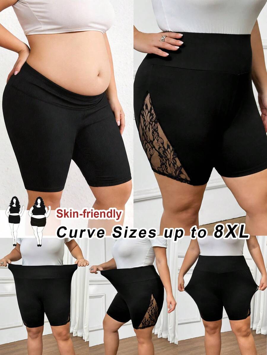 SHEIN CURVE+ Quần short ren phối màu cạp chun cho nữ cỡ lớn, trang phục mùa thu cho nữ, CURVE PLUS
