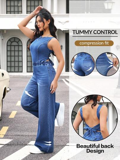 Flexra Women's Round Neck Backless Wide Leg Casual Sleeveless Denim Jumpsuit