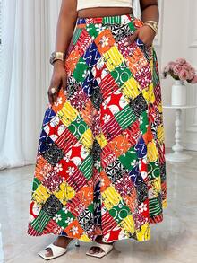 Xyvia Women's Red And Yellow Plaid Digital Print Flared Skirt,Summer Boho Beach Holiday Casual Loose Relaxed Travel Street Style Chic Carnival Labor Day - Multicolor - View 5