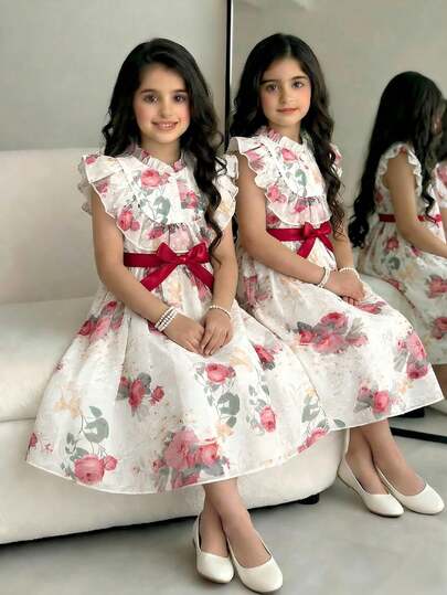 1pc Girls Summer New Ruffled Collar Front Floral Trim Back Zipper Waist With Belt Design Dress, Elegant Floral Print Red Dress For Performance, Birthday, Vacation