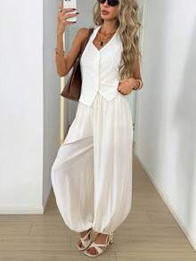 Easowa Women's All White Summer Chic Brunch Linen Two Pieces Set,Elegant Solid Color Halter Top And Baggy Wide Leg Pants,Casual Commuter Pant Suit Jumpsuit - Apricot - View 4