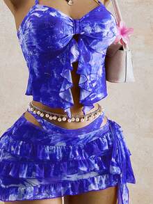 Bellisia 女士扎染拼接荷叶边吊带背心式泳衣套装，时尚海滩度假之选 - 紫色 - 查看 3