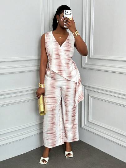 Xyvia Women's Apricot Printed Irregular V-Neck Elastic Waist Sleeveless Top And Wide Leg Pants 2-Piece Set, Casual Vacation Style For Easter, Labor Day, Spring Season, Fashion , Minimalist Design, Versatile