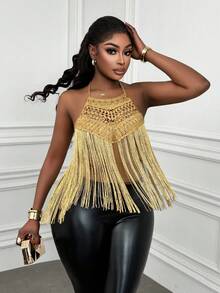 Xyvia 女士夏季外出、约会、新年、情人节、复活节、母亲节、音乐节、中东风情、婚礼、时尚、休闲、简约、度假、性感亮片针织露背系带流苏常规吊带背心，金色 - 金色 - 查看 6