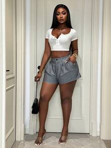 Xyvia Women's Spring/Summer New Casual Commuter Outfit, Street Retro All-Match Versatile High-Quality Light Gray Striped Fabric Design Short Pants - Light Grey - View 5