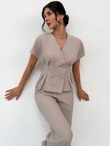 Firerie Women's Elegant Minimalist Fashion Commuter Urban Chic New Arrival Waist Cinched V-Neck Double-Breasted Blazer Jacket And High-Waisted Wide-Leg Pants Two Pieces Suit Set, Apricot And Khaki - Apricot - View 7