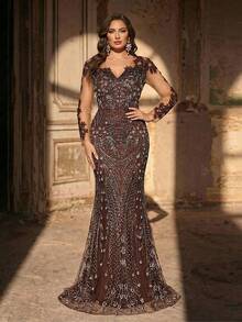 Aureia 大码优雅浪漫棕色深V领长袖薄纱贴花装饰奢华亮片网纱拼接美人鱼下摆紧身连衣裙，适合网红婚礼派对正式晚宴（重工装饰设计） - 棕色 - 查看 5