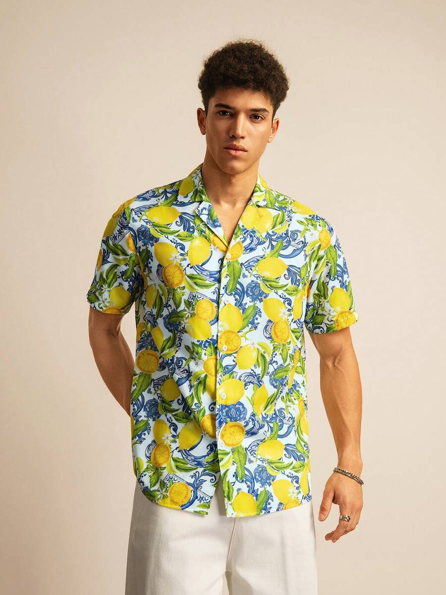 SWAVVY Vacation Style Digital Print Lapel Short Sleeve Button-Up Shirt For Men - Blue - View 1