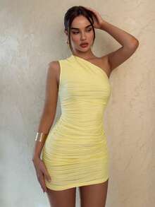 Glamine 女士优雅性感不对称肩部褶皱紧身迷你连衣裙 - 鵝黃色 - 查看 5