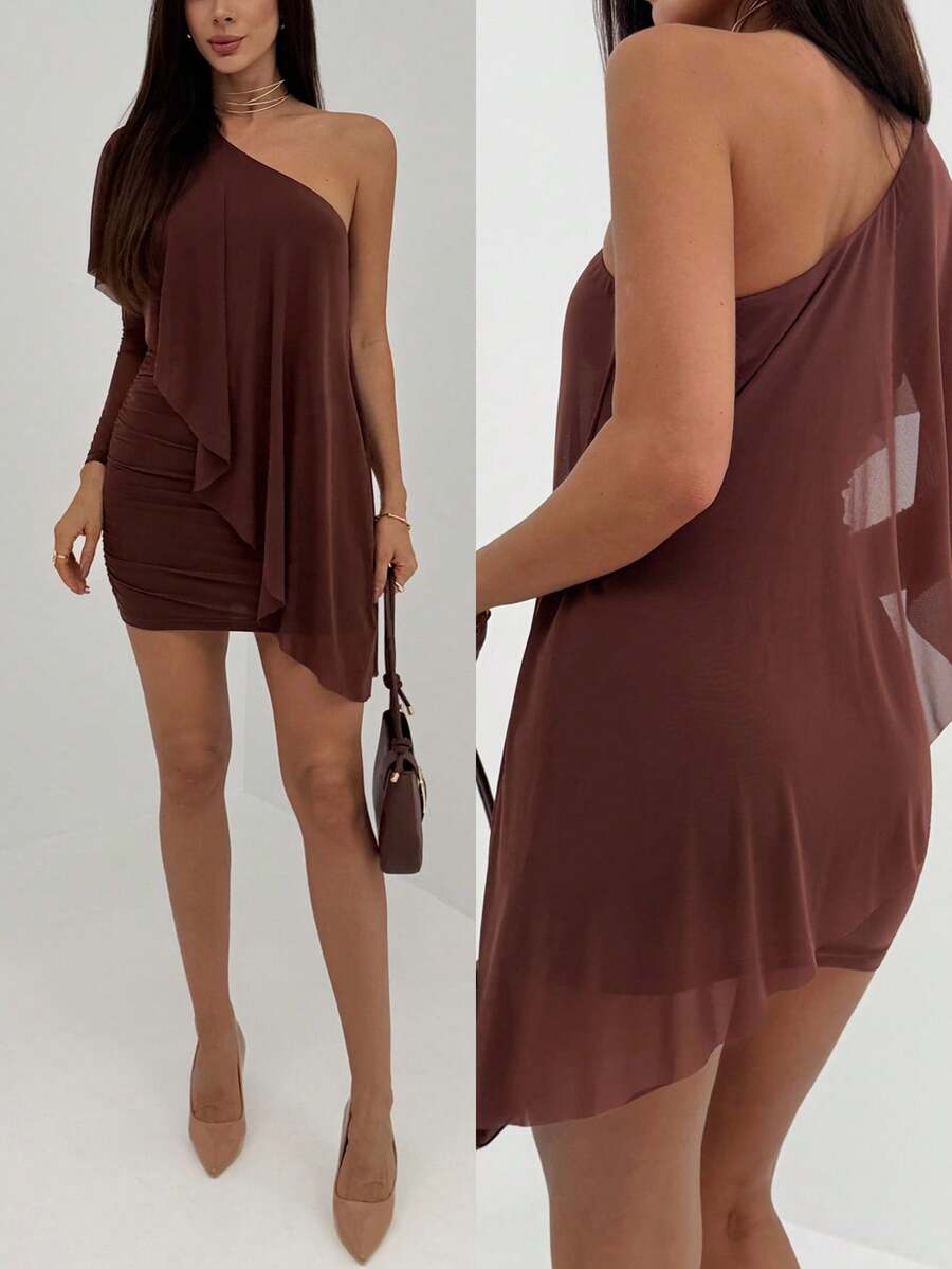 Aloruh 女士时尚性感纯色单肩迷你连衣裙