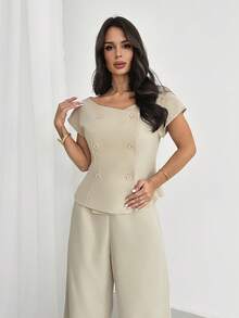 Firerie Bộ đồ nữ thanh lịch tối giản, thích hợp cho công sở, gồm áo sơ mi ngắn tay hai hàng cúc trễ vai và quần ống rộng cạp cao, màu mơ, thích hợp cho mùa xuân/hè. - Màu be - Xem 13