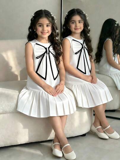 Girls (Small) Milky White Sleeveless Dress With Delicate Bow, Elegant & Comfortable Summer Dress For Girls, Suitable For Performance, Party, And Outing