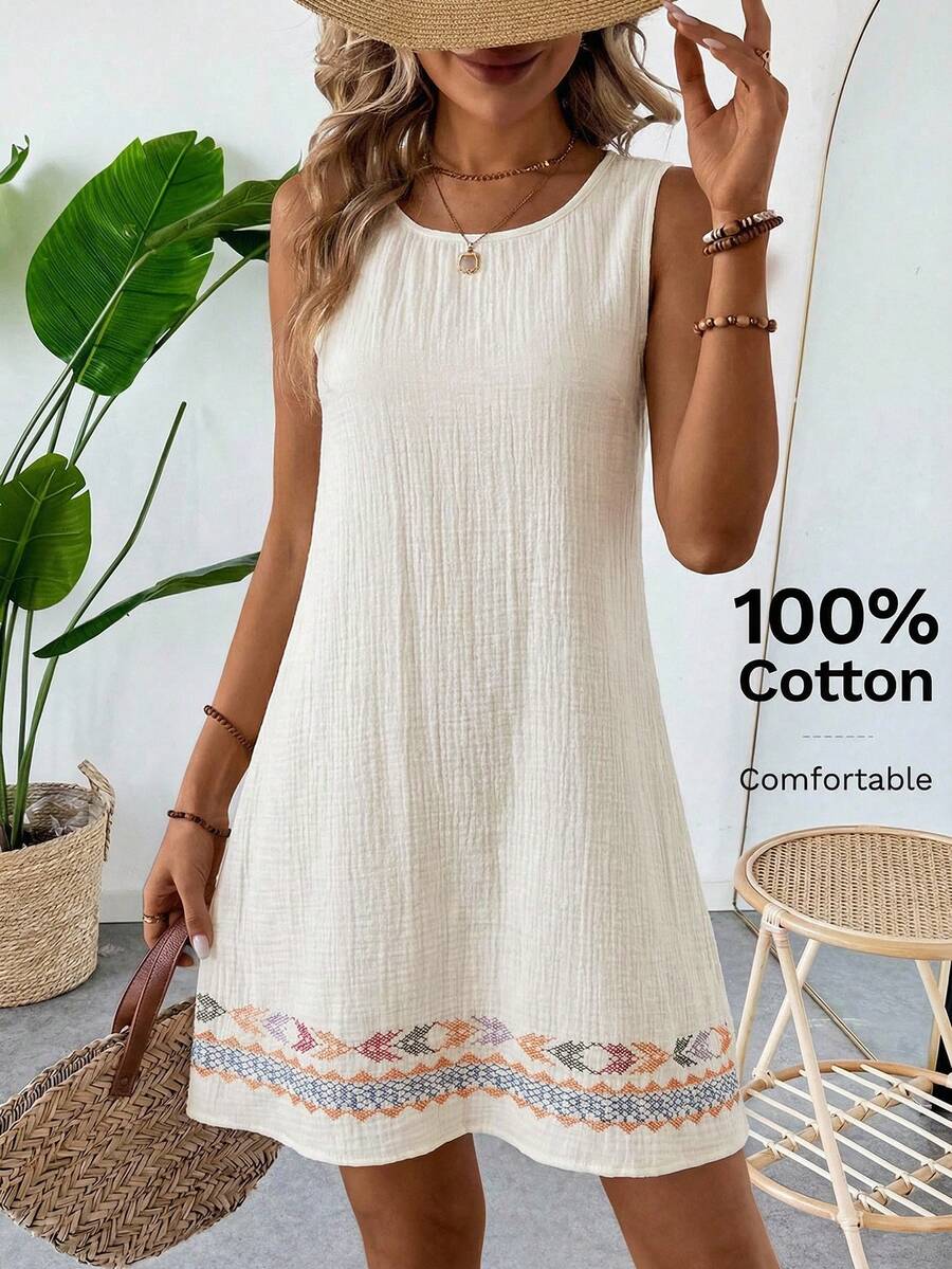 EMERY ROSE Summer Casual Beach Vacation Cotton Linen Textured Apricot Sleeveless Shift Dress For Women Women Sundress Summer Boho Summer Dress Women Summer Casual Dress Casual Sundress - Beige - View 1